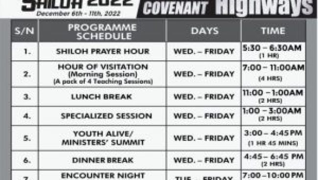 Shiloh 2022 Programme Schedule – Theme, Time , Date for Winners Shiloh 2022