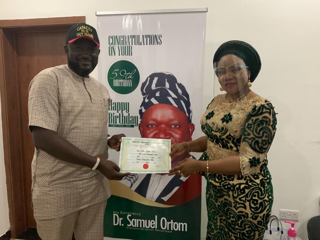 Oche presents Certificate of Return to Benue First Lady, makes breathtaking remarks on her support for women, youths