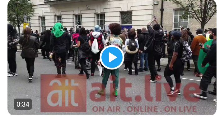 Angry protesters take over Tinubu’s house in London (Video)