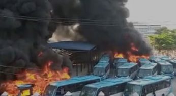 BREAKING: Hoodlums burn BRT terminal, buses in Oyingbo, Lagos (Video)