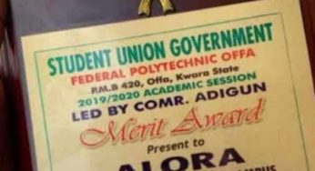 Reactions as Federal Polytechnic Offa presents award of excellence to cultists (Photo)