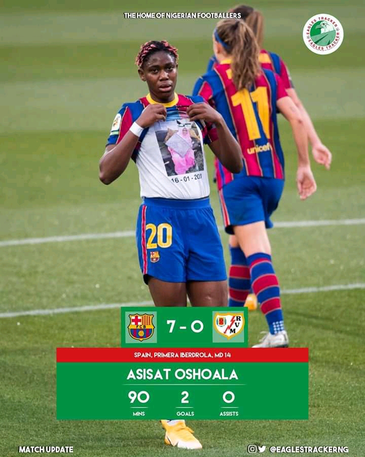 Nigeria’s Oshoala shines as Barcelona thrash Roya Vallecano 7-0, dedicate goals to late stepmom 