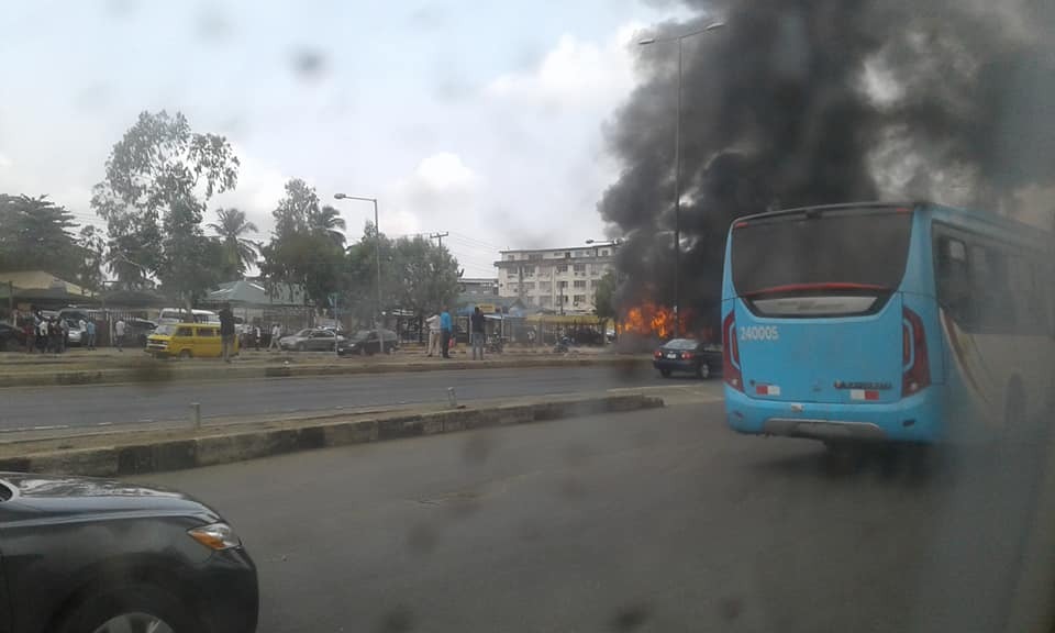 JUST IN: BRT bus catches fire at Idi Iroko