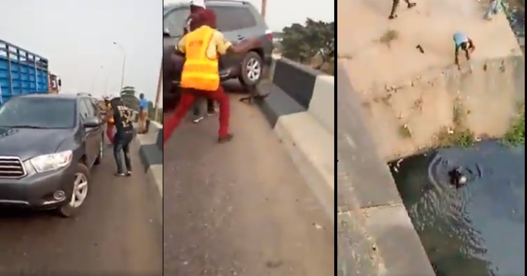 One way driver knocks police off bridge into Lagos canal (Video)