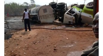 Deaths averted as petrol tanker crashes into shops, after brake failure along Enugu-Onitsha road