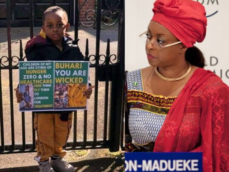 Nigerians react as Diezani’s family member protests in London, calls Buhari ‘wicked’