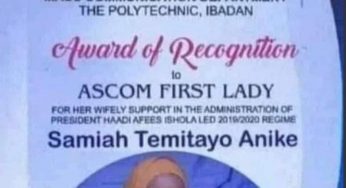 Ibadan Poly Students Association gives award to association’s President’s girlfriend for her ‘wifely support’ 