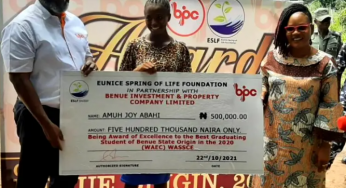 WAEC 2020: Best Benue student, Joy Amuh gets N500,000 scholarship for university education