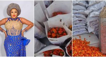 Actress, Toyin Abraham presents bags of pepper to guests at Iyabo Ojo’s mom’s burial party (Video)