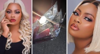 BBNaija’s Tega Dominic escapes death as car crashes (Photos)