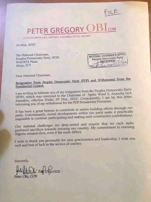 Read Full Peter Obi Resignation Letter From PDP