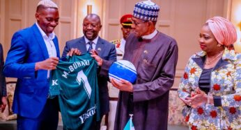 Omeruo meets, presents signed jersey to Buhari in Spain