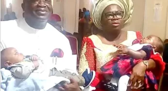 Abia Gov, Okezie Ikpeazu ,wife dedicate set of twins