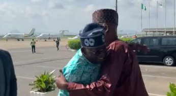 Moment Tinubu meets his running mate, Shettima at Abuja airport [Video]