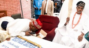 Moment Obasanjo prostrated before new Olowu of Owu land, Oba Matemilola