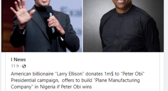 Did Larry Ellison donate $1M to Peter Obi for campaign?