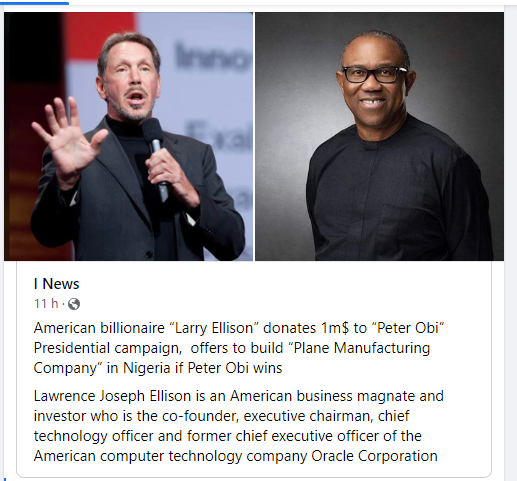 Did Larry Ellison donate $1M to Peter Obi for campaign?