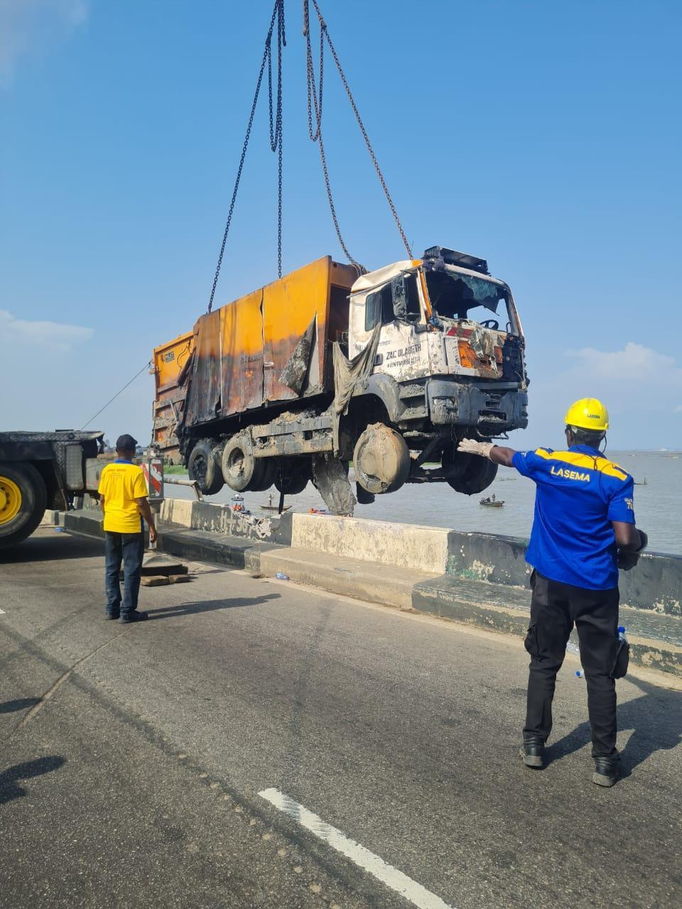 Fallen waste truck recovered from Lagos lagoon (Photos)