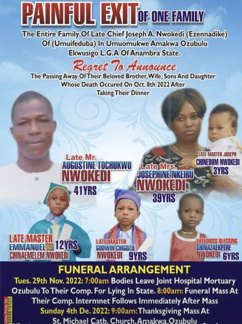 Anambra community sets to bury an entire family that died after eating dinner together