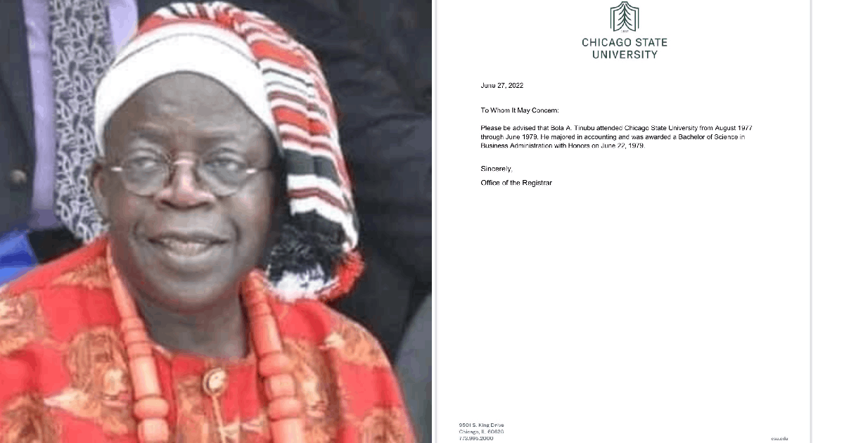 Chicago State University provides evidence that Tinubu attended their school