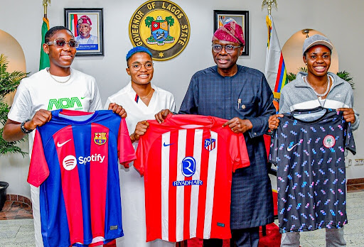 Oshoala, Ajibade, Gift meet Sanwo-Olu in Lagos (PHOTOS)