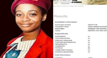 Kamsiyochukwu Umeh: UTME top Scorer of Deeper Life High School gets eight A1s in WAEC