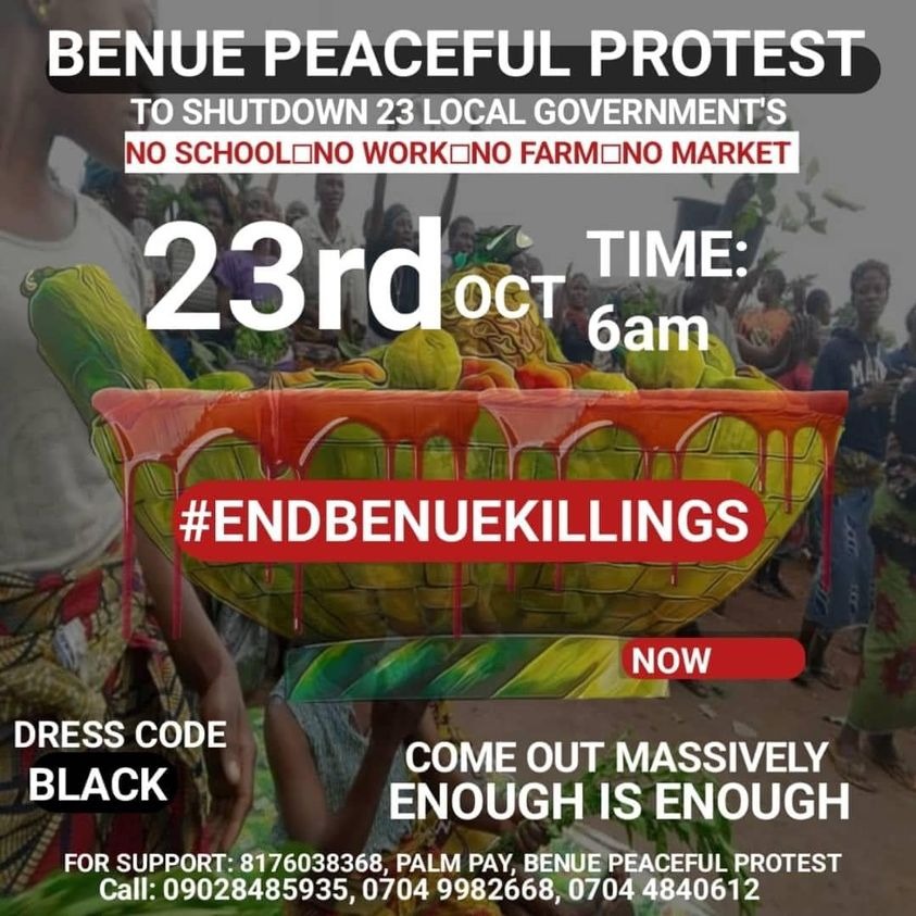 EndBenueKillings protest set to ground 23 LGAs
