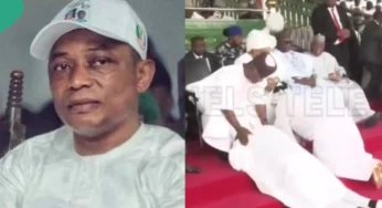 How Kogi Deputy Gov, wife prostrated before Yahaya Bello after swearing-in (WATCH)