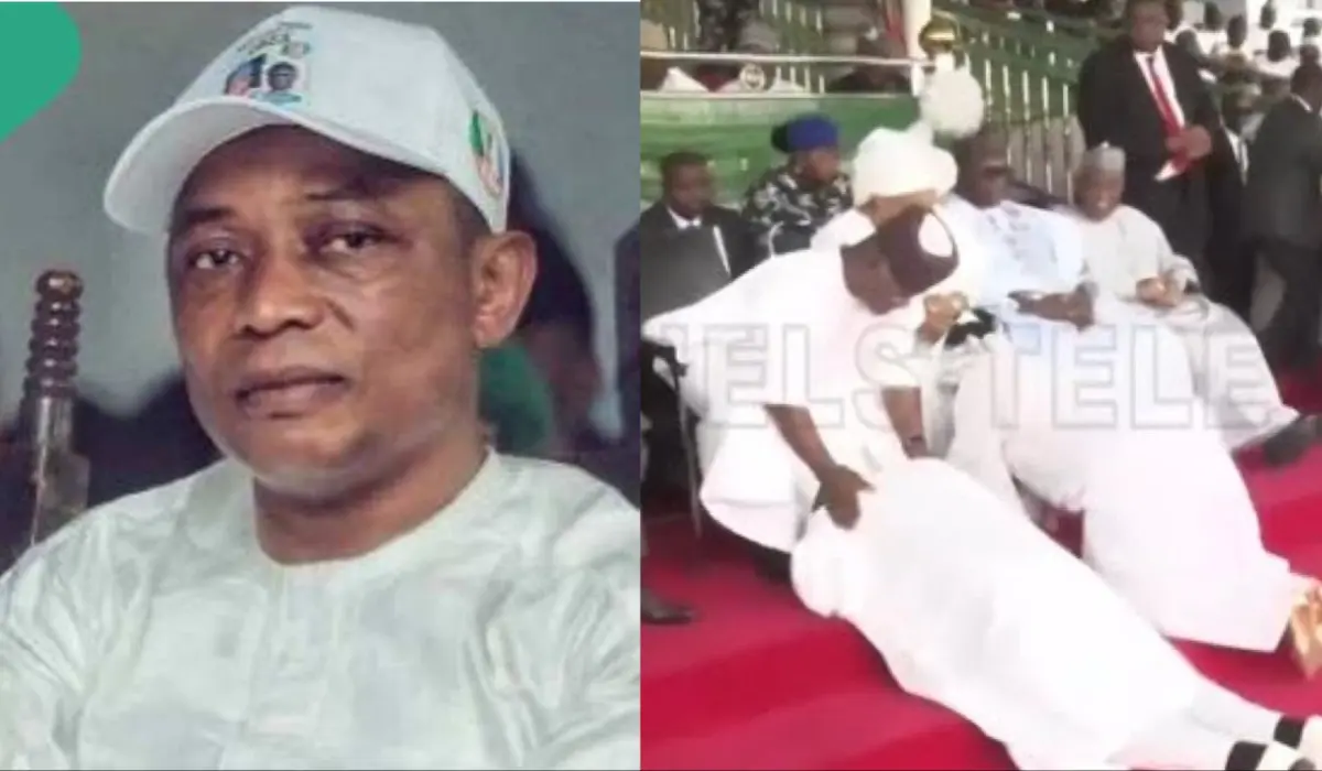 How Kogi Deputy Gov, wife prostrated before Yahaya Bello after swearing-in (WATCH)