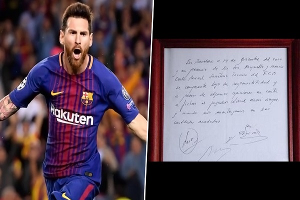 Lionel Messi’s first Barcelona contract napkin set for auction at £300,000