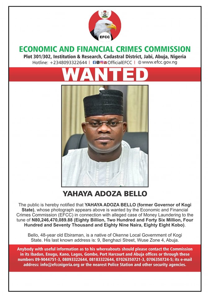 EFCC declares Yahaya Bello wanted