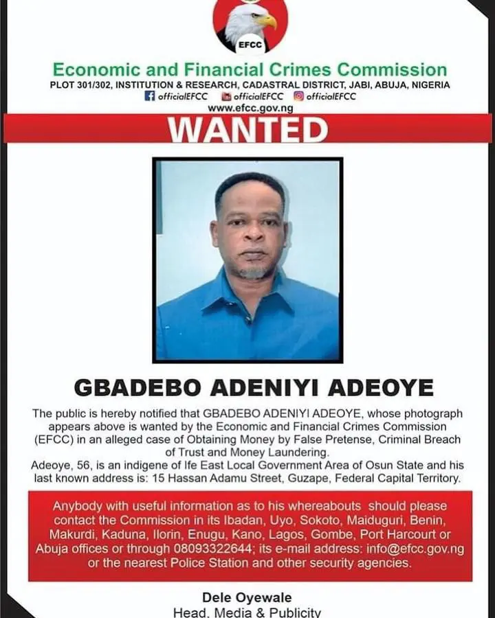 EFCC declares Gbadebo Adeoye wanted for fraud and money laundering